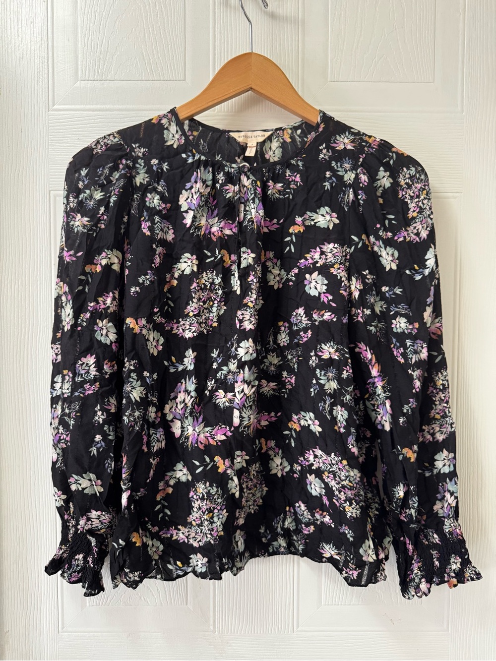 Rebecca Taylor Black Floral Tie-Neck Blouse with Pink & Cream Accents